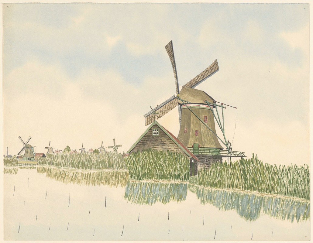 Johannes Nicolaas Eijman - molens; oliemolen Het Zwarte-Kalf, aan de Kalverpoel, met l. op de achtergrond vijf andere molens