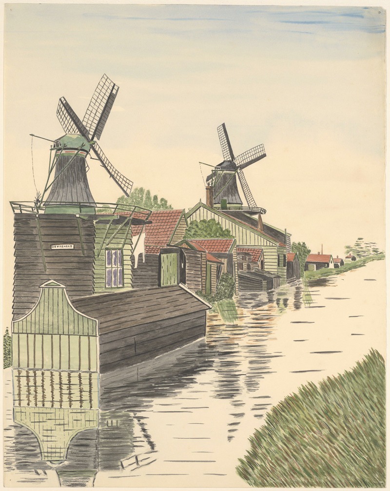 Johannes Nicolaas Eijman - molens; speelmolentje De Windhond met boothuis en mosterdmolen De Huisman