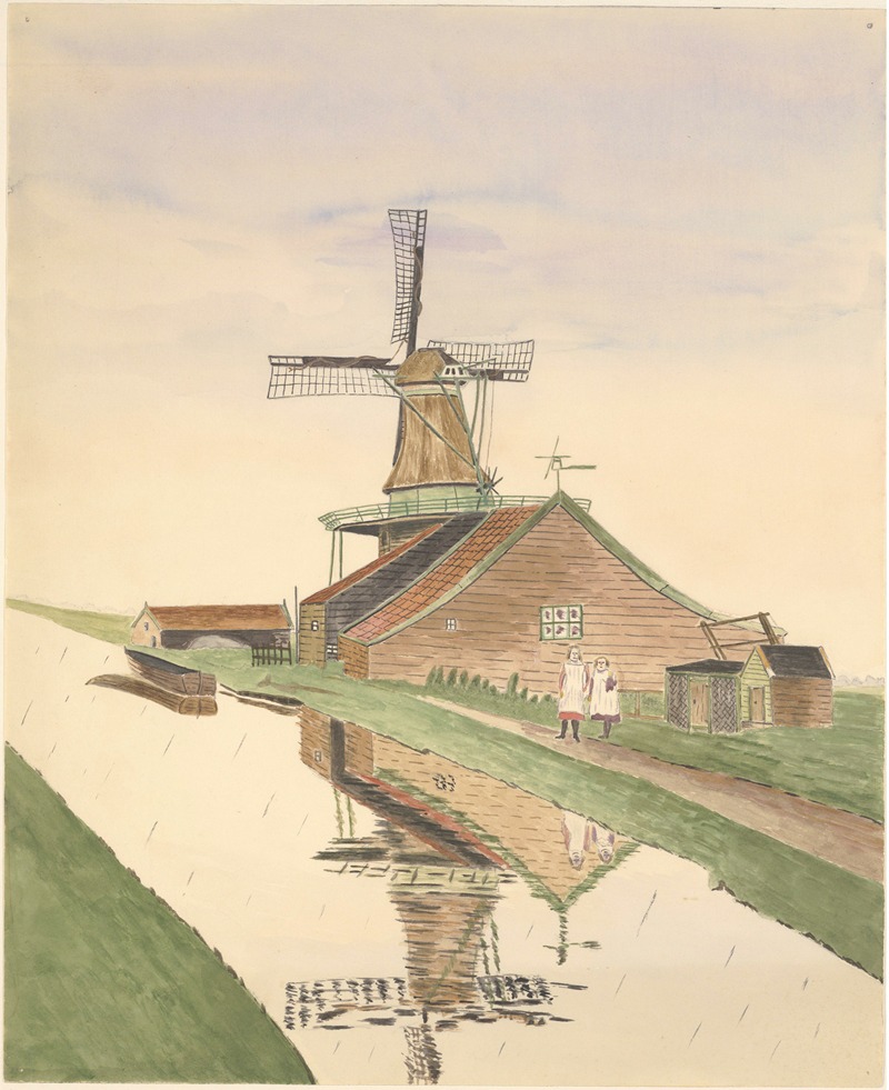 Johannes Nicolaas Eijman - Mosterdmolentje De Veldbloem met twee meisjes ervoor