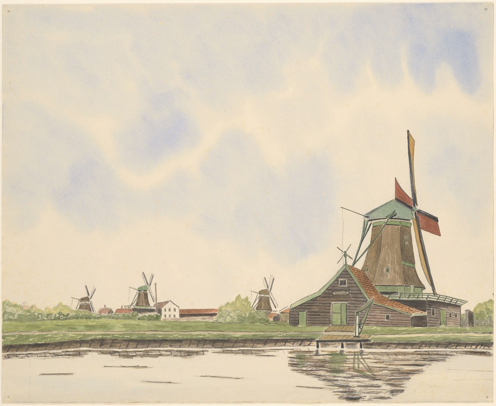Johannes Nicolaas Eijman - Oliemolen De Kerkuil aan de Zaan, met drie molens op de achtergrond. De Kerkuil stond binnendijks, tegenover de Wormerveerderkerk; afgebroken ca. 1892