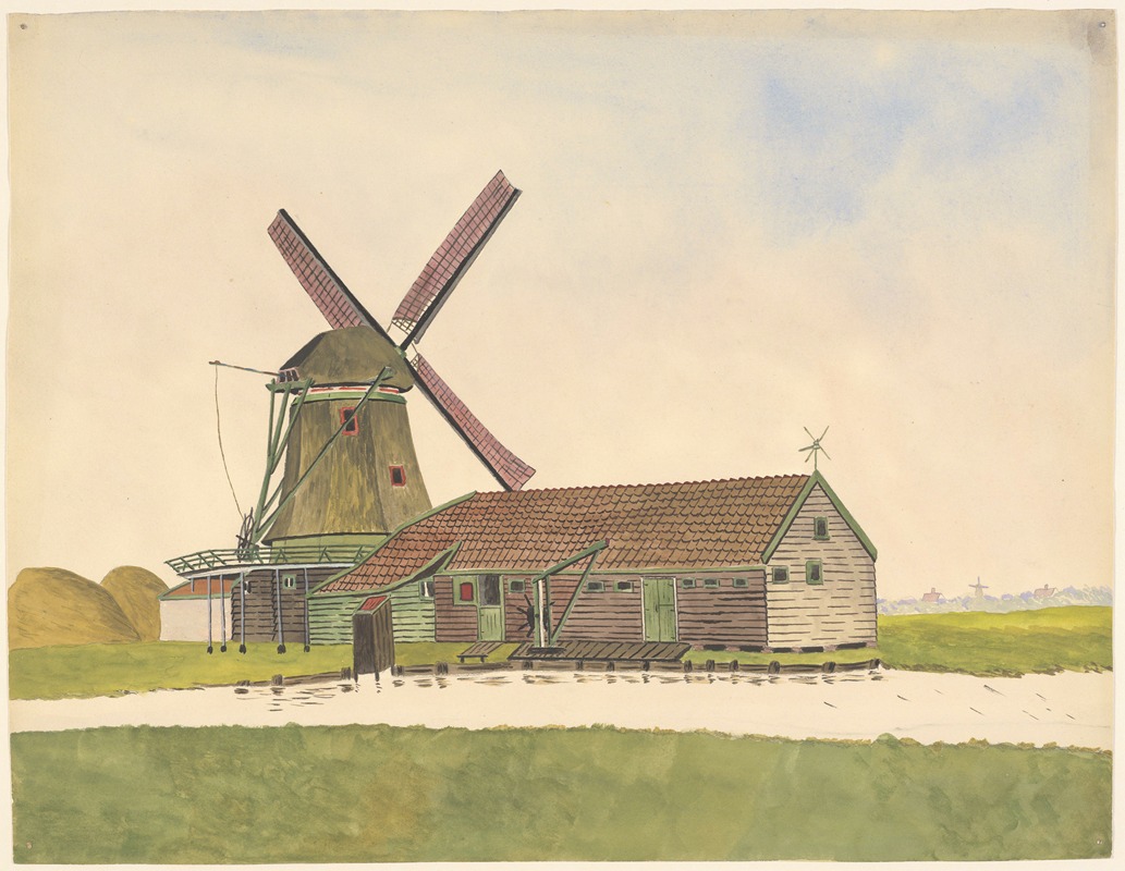 Johannes Nicolaas Eijman - Oliemolen De Zoeker met schuur, hijskraan en stilletje