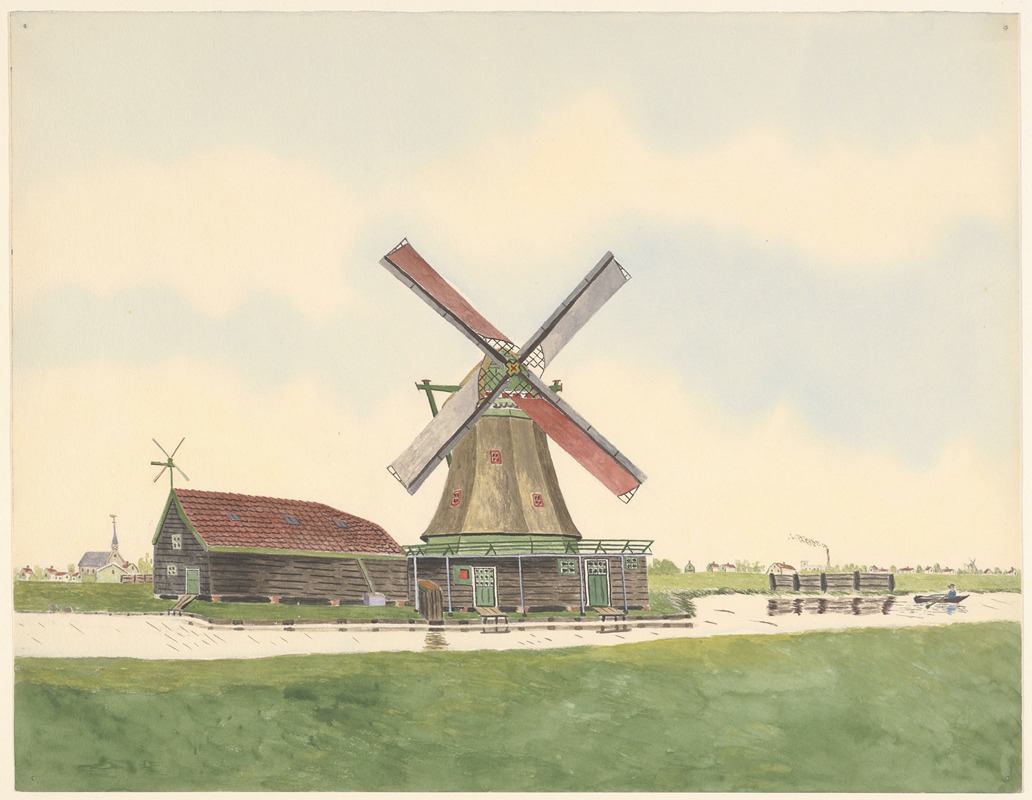 Johannes Nicolaas Eijman - Oliemolen Het Jonge-Big met stilletje boven het water. Op de achtergrond links een kerk