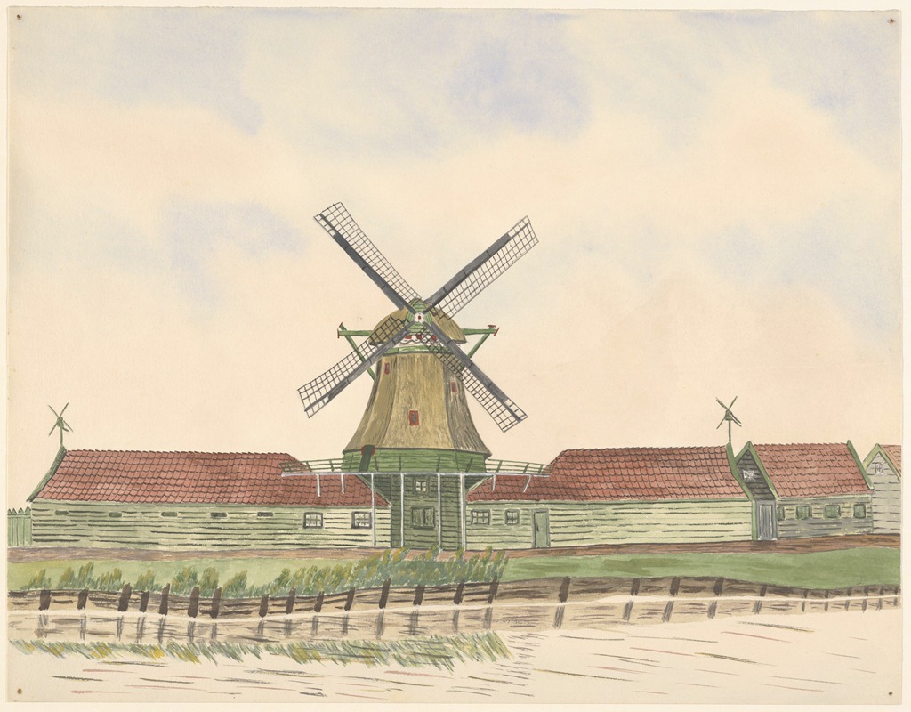 Johannes Nicolaas Eijman - Oliemolen Het Vette-Schaap met schuren