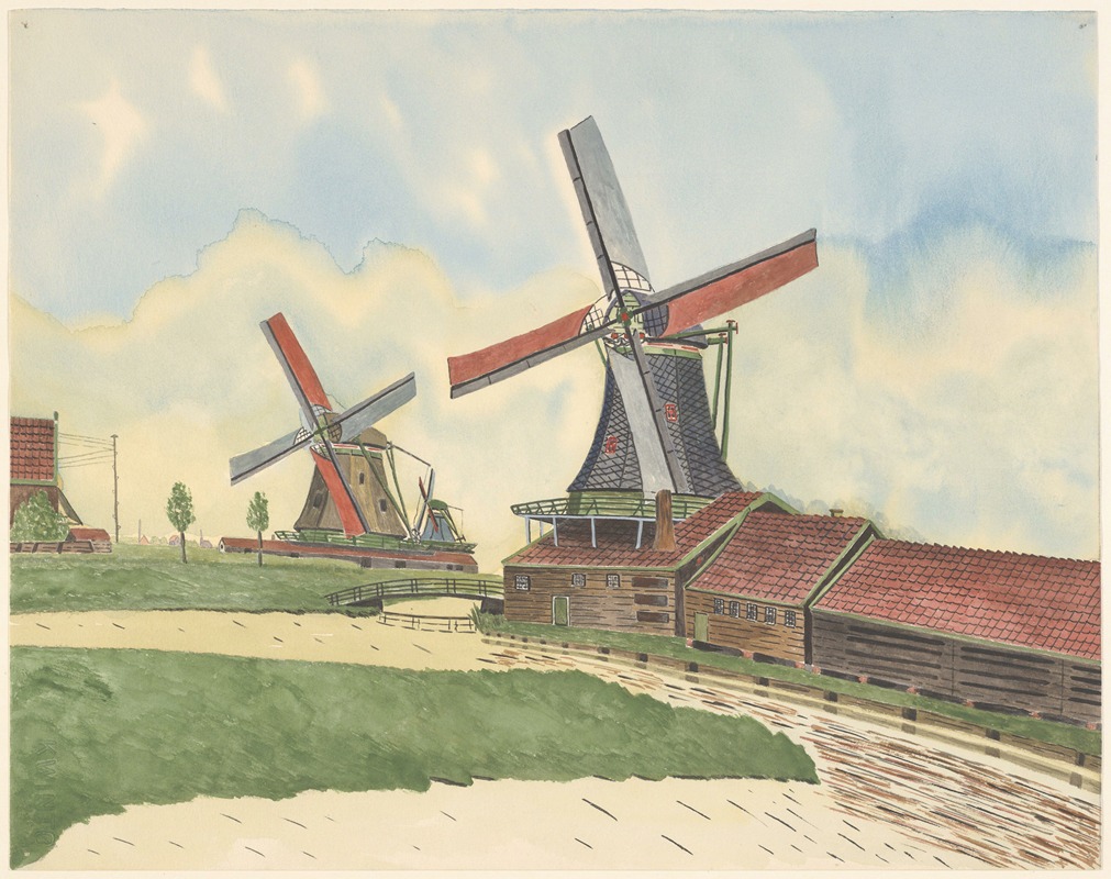Johannes Nicolaas Eijman - Papiermolen De Bijenkorf en verfmolen De Valk, met op de achtergrond een derde molen