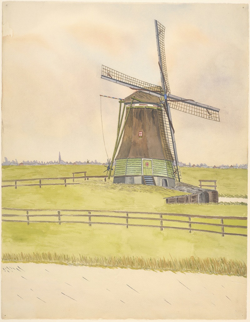 Johannes Nicolaas Eijman - Watermolen De Schaalsmeer, gesloopt 1926. Stond in de Schaalsmeerpolder. Op de achtergrond de Beschuittoren van Wormer
