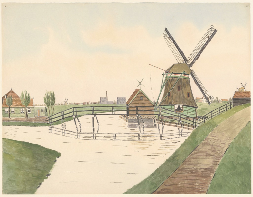 Johannes Nicolaas Eijman - Watermolen Het Leven, Zaandijkerwegje, met over het water een houten loopbrug. Op de achtergrond fabrieksgebouwen