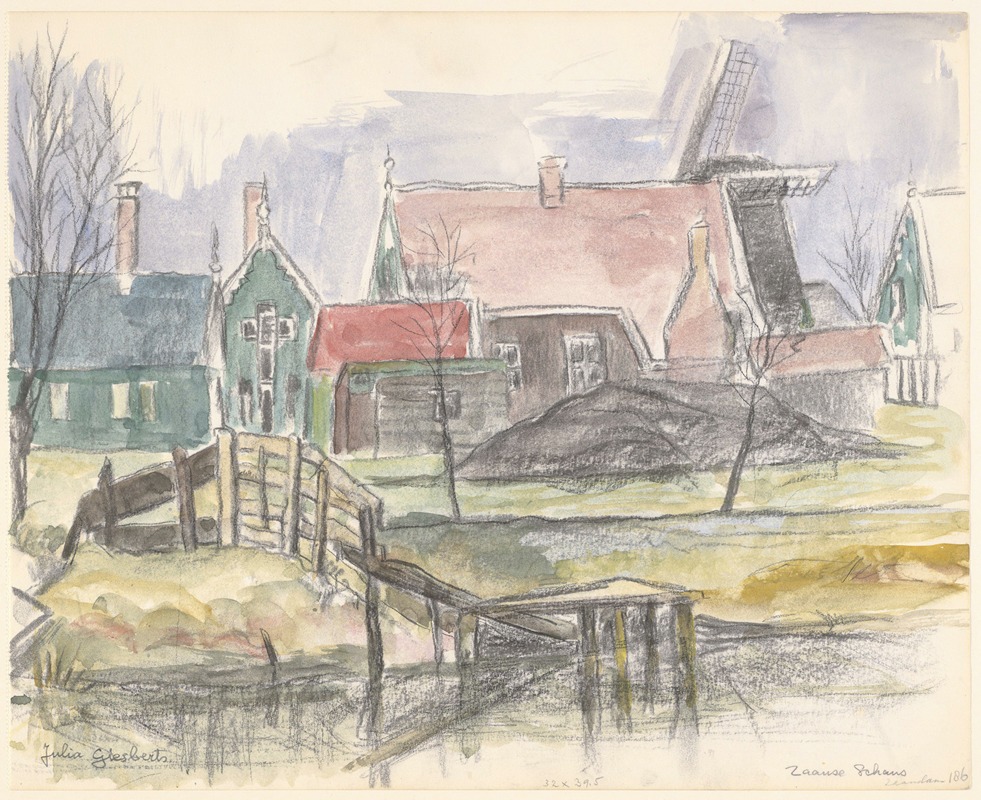 Julia Giesberts - Huizen aan de Zaanse-Schans, rechts op de achtergrond een molen