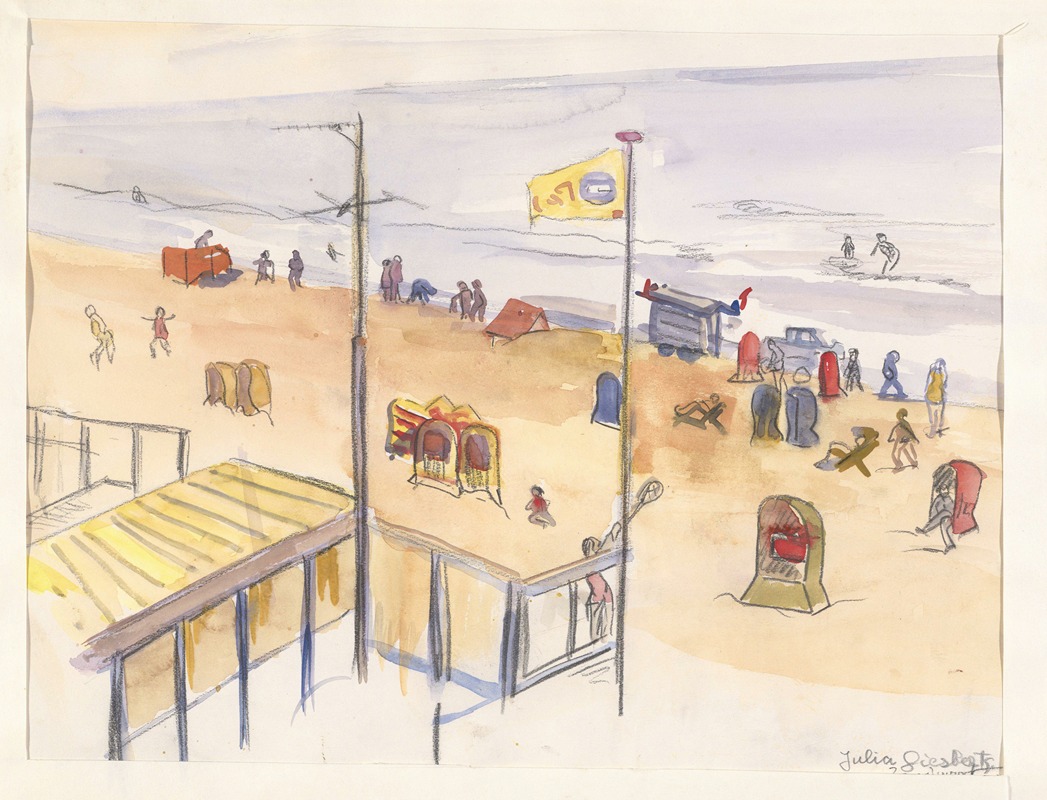 Julia Giesberts - Strandleven te Zandvoort. Op het strand rieten strandstoelen en een haringkar