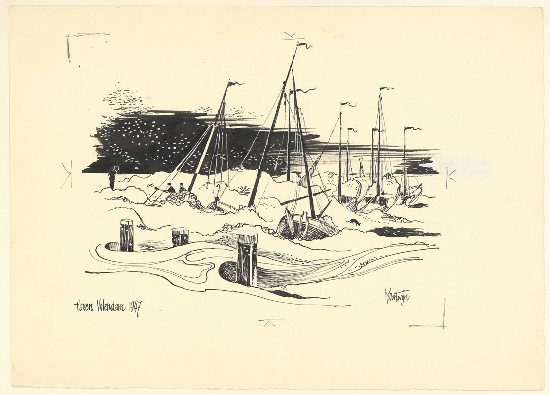 Maarten Oortwijn - De haven van Volendam in de winter met kruiend ijs.