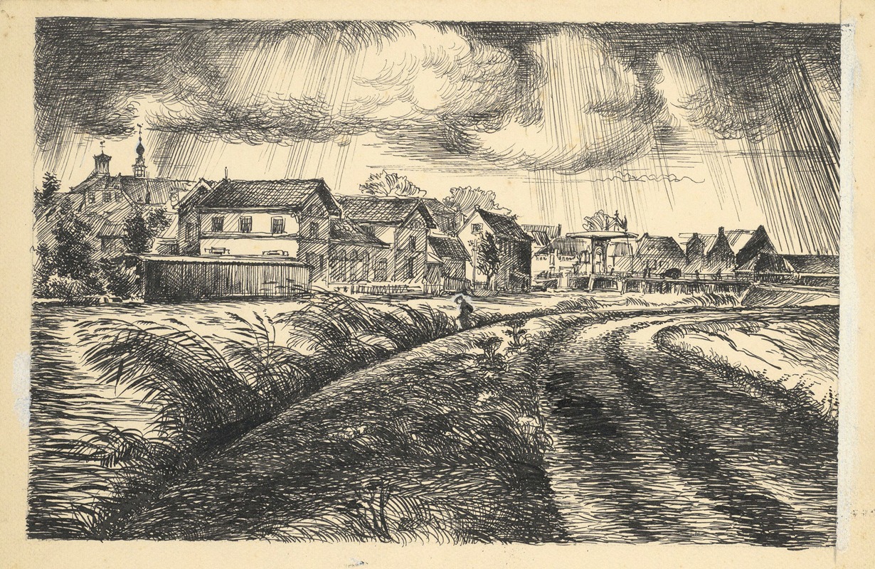 Maarten Oortwijn - Gezicht vanaf de Oostdijk in de Beemster op ‘Het Witte Huis’ Purmerend. Rechts is de Beemster brug zichtbaar.