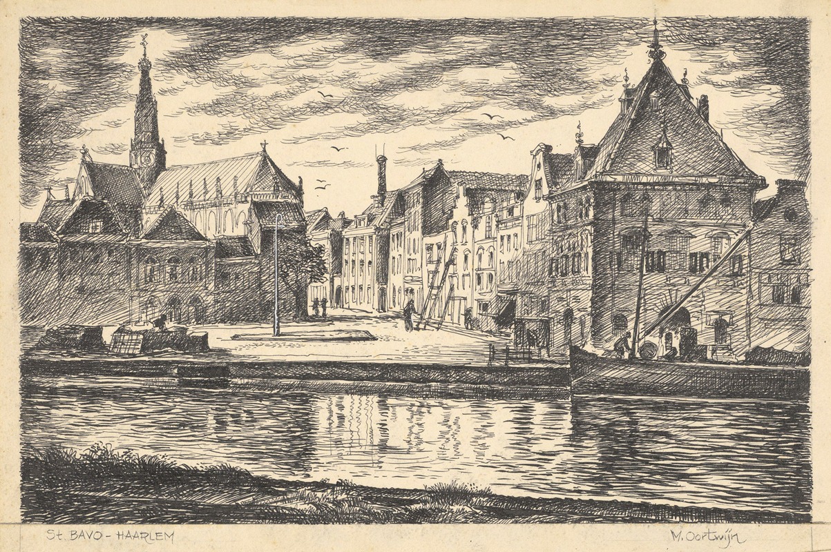 Maarten Oortwijn - Gezicht vanaf het Spaarne op de Waag en Damstraat. In de verte de Grote of Sint-Bavokerk