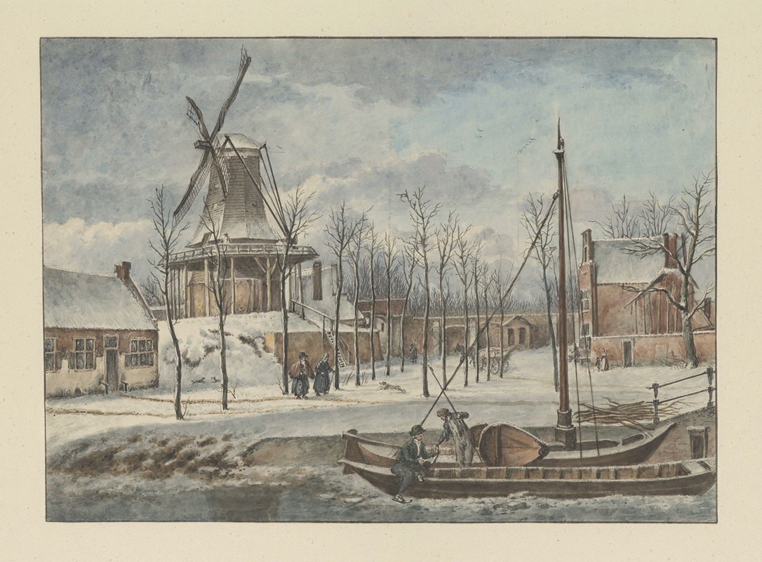 Wybrand Hendriks - De Doelmolen, de Raampoort, de Stadswal en de huizen aan de Korte Geusestraat (nu; Wilsonsplein) vanaf de Raamgracht in de sneeuw.