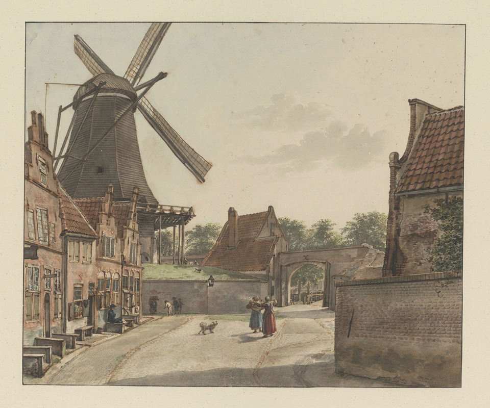 Wybrand Hendriks - Gezicht vanuit de Bereiderstraat, tegenwoordig Sophiastraat, op de oostzijde van de Raampoort en de Doelmolen