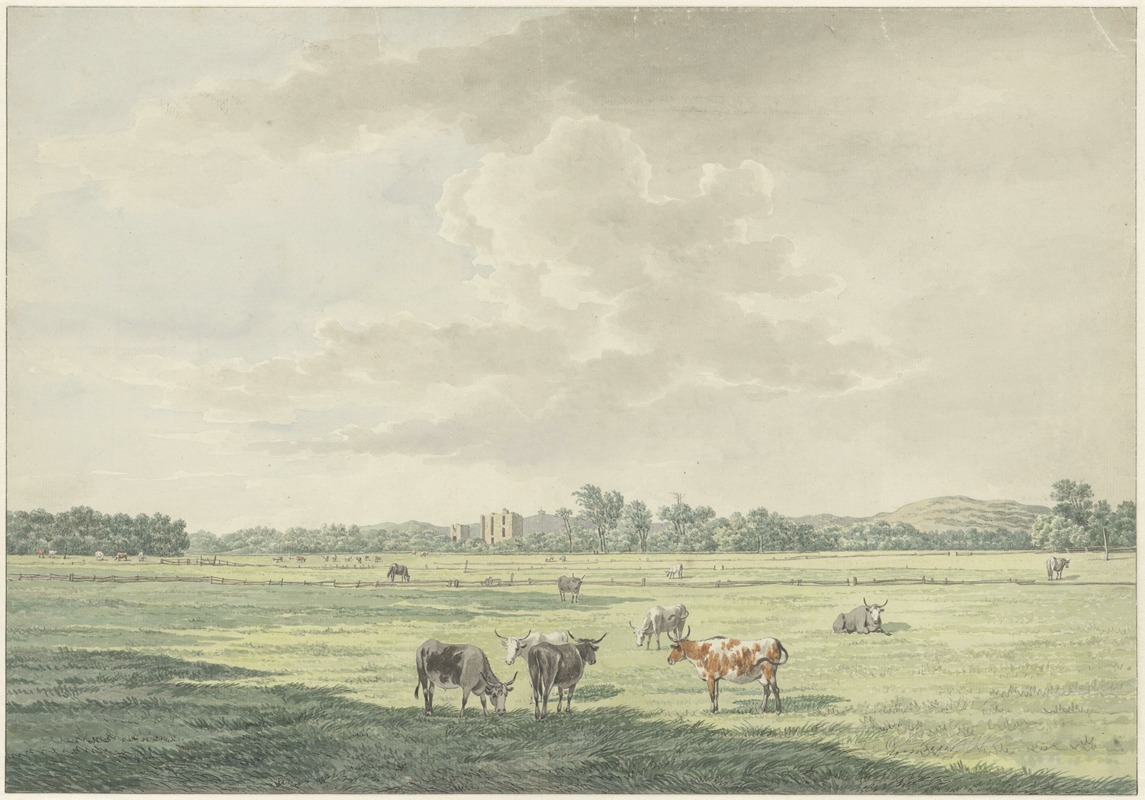 Wybrand Hendriks - Landschap met weiland en koeien op de voorgrond en in de verte de ruIne van Brederode