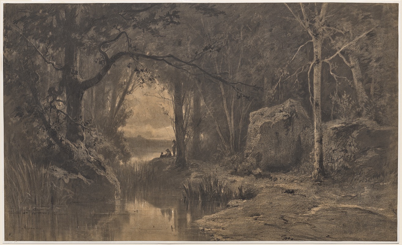 Adolphe Appian - Three Fishermen Along the Banks of a River at the Edge of a Forest