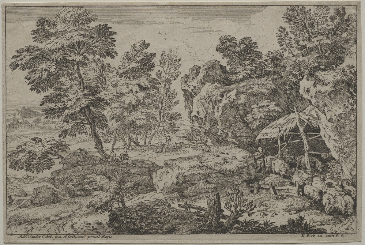 Adrian van der Cabel - Landscape with Shepherds and two Flocks