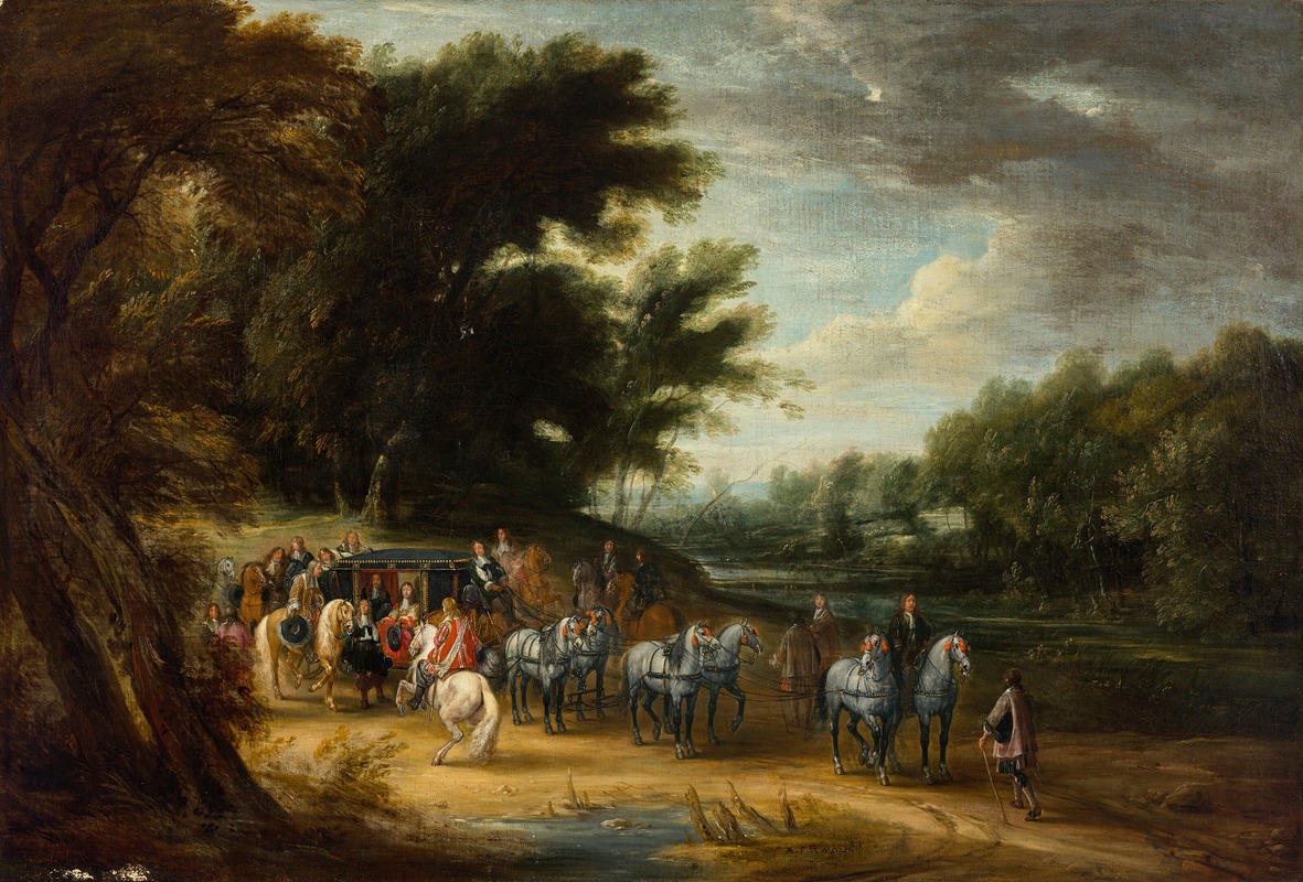 Adam Frans van der Meulen - A nobleman in a state coach at rest escorted by his men and horses, with a gentleman on a white horse approaching and landscape beyond