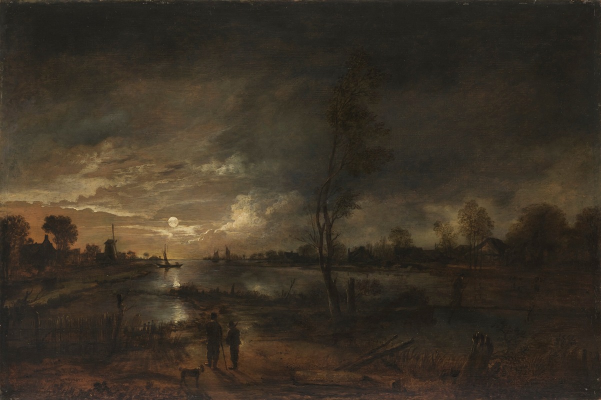 Aert van der Neer - A moonlit river landscape with figures on the bank and a town beyond
