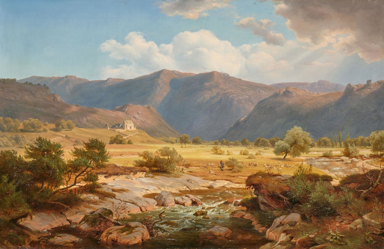 Albert Zimmermann - Voralpenlandschaft mit einer Kapelle und Hirtenstaffage