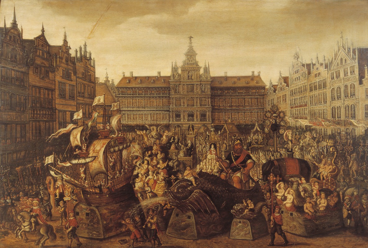 Alexander Casteels II - Olieverf op paneel De Antwerpse Ommegang op de Grote Markt.