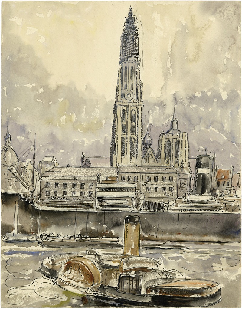 Alfred Ost - Onze-Lieve-Vrouwe Kathedraal te Antwerpen vanop de Schelde