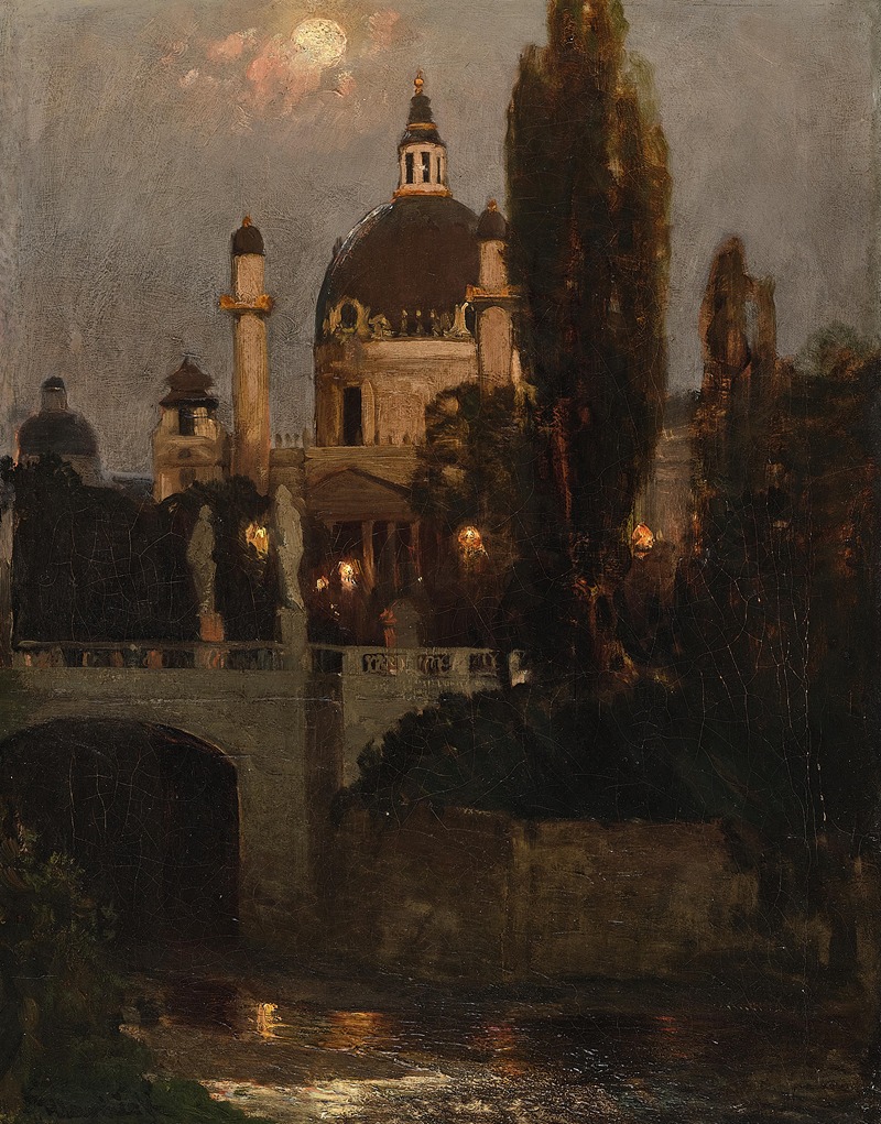 Anton Hlavacek - Church of St. Charles with Elisabeth Bridge at night