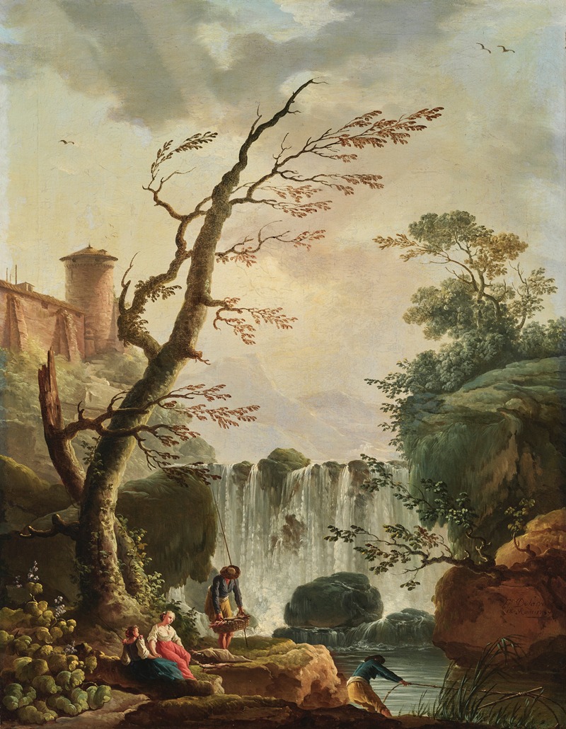 Charles-François Grenier De Lacroix - Fishermen at the edge of a rocky basin, a waterfall and a castle in the background
