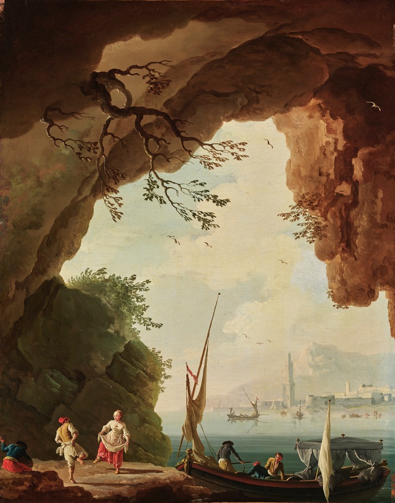 Charles-François Grenier De Lacroix - Mediterranean coastal scene with a couple dancing under an overhanging rock, a boat nearby