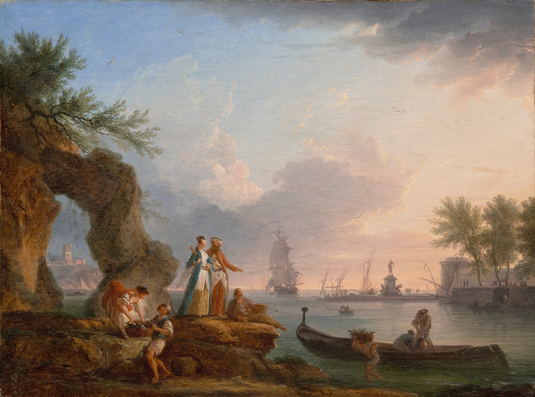Claude-Joseph Vernet - View of a port at sunset with fishermen and a couple in oriental dress