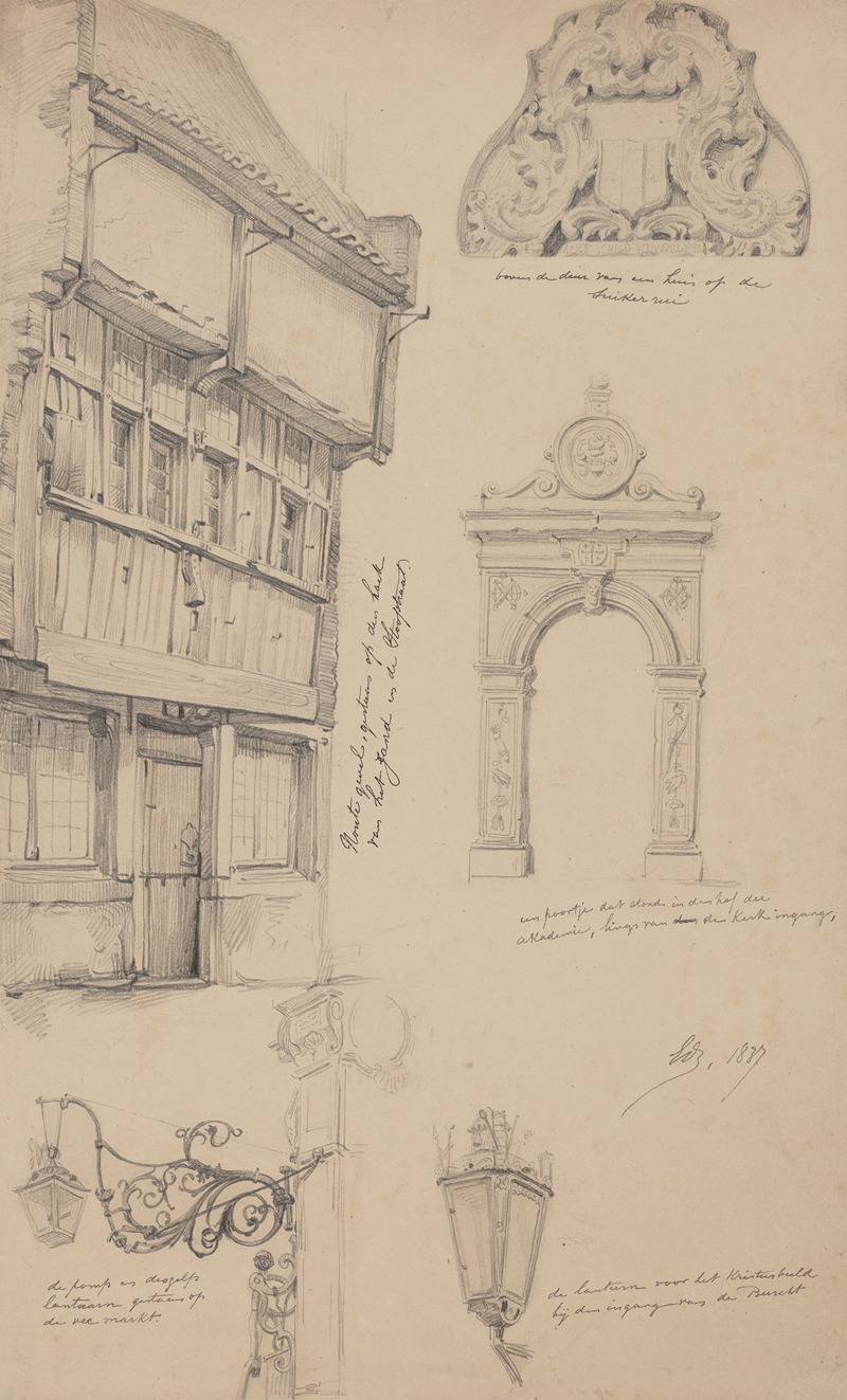 Edward Dujardin - Houten gevel op de hoek van het Zand en de Stoofstraat en vijf detailtekeningen