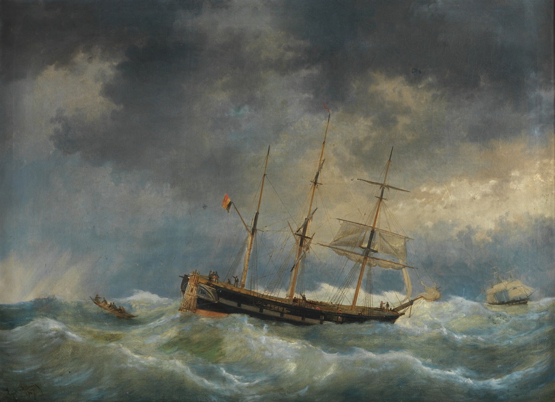 Egide Linnig - De driemastbark ‘Koophandel’ op stormachtige zee met noodroer