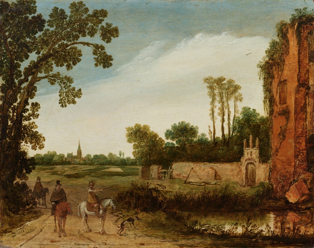 Esaias van de Velde - Riders on a road beside a pool, a landscape beyond