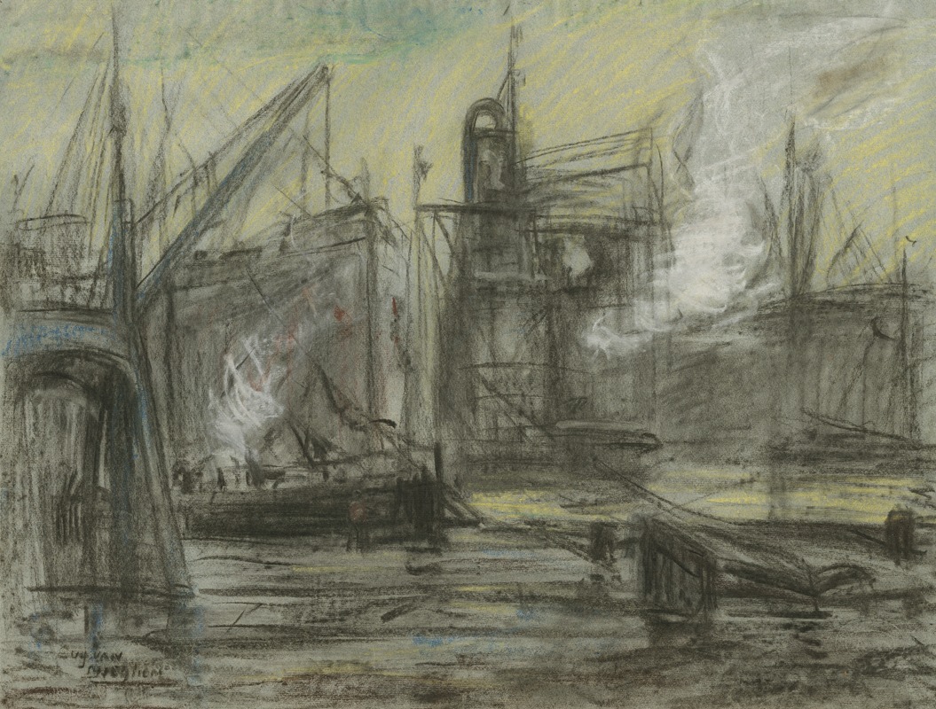 Eugeen Van Mieghem - Haventafereel met een kraan, graanzuiger en schepen