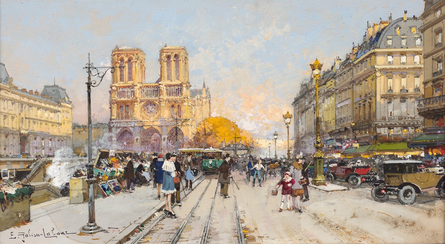 Eugène Galien-Laloue - Les quais, rive gauche, devant Notre-Dame, Paris