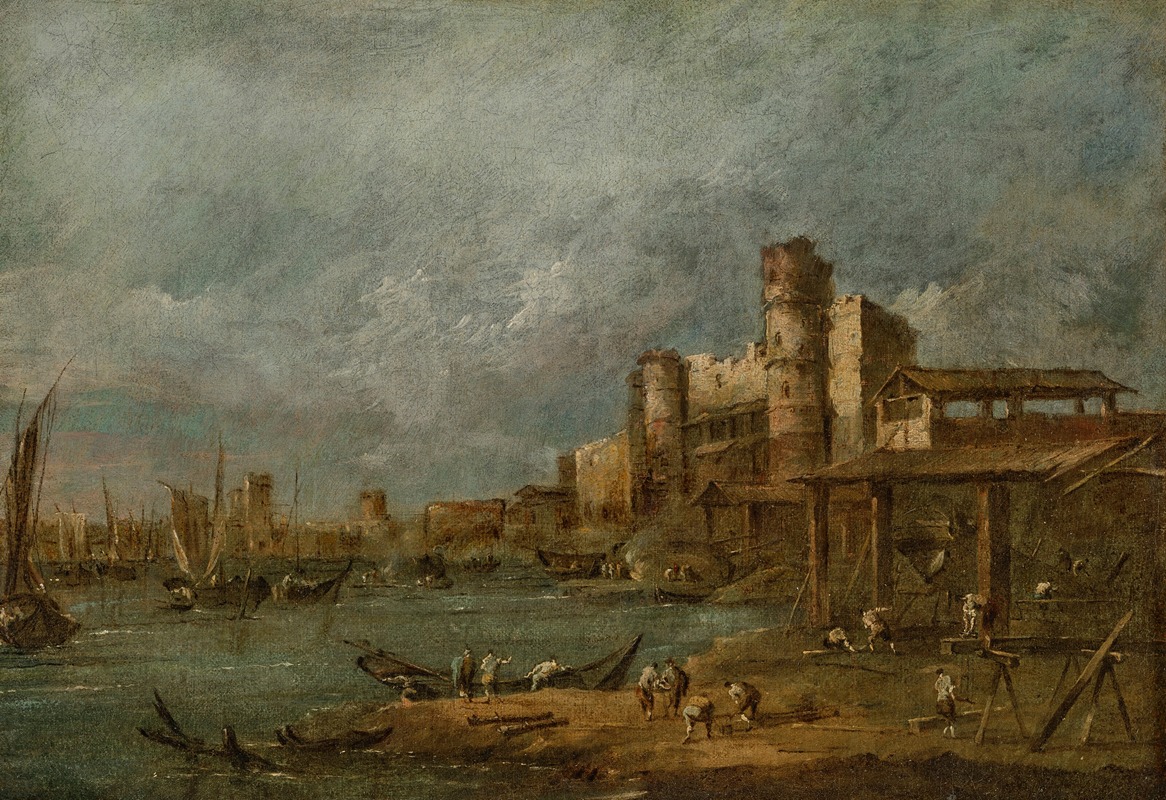 Francesco Guardi - Capriccio with an arsenal, several shipwrights at work in a boatyard, boats and a town with towers beyond