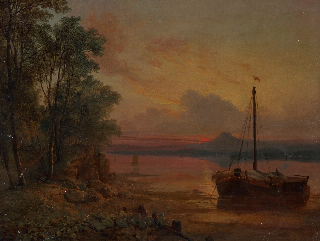 Francis Danby - An estuary at sunset with a moored fishing boat in the foreground