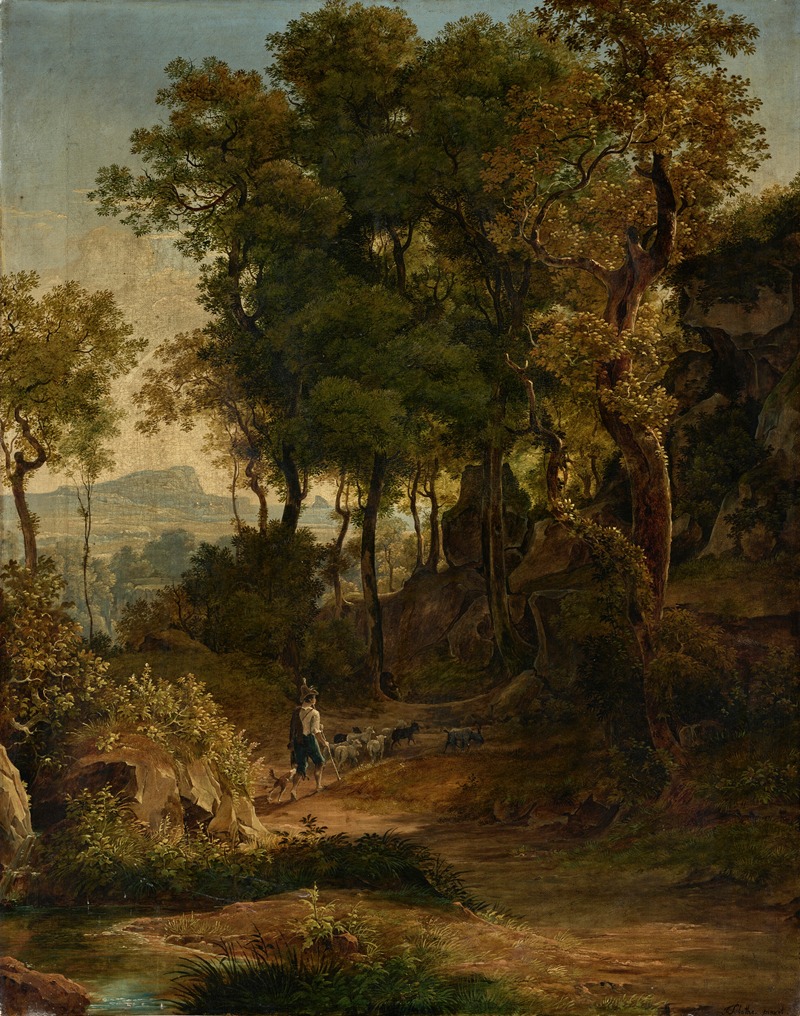 Friedrich Salathé - Shepherd with his flock on a wooded path