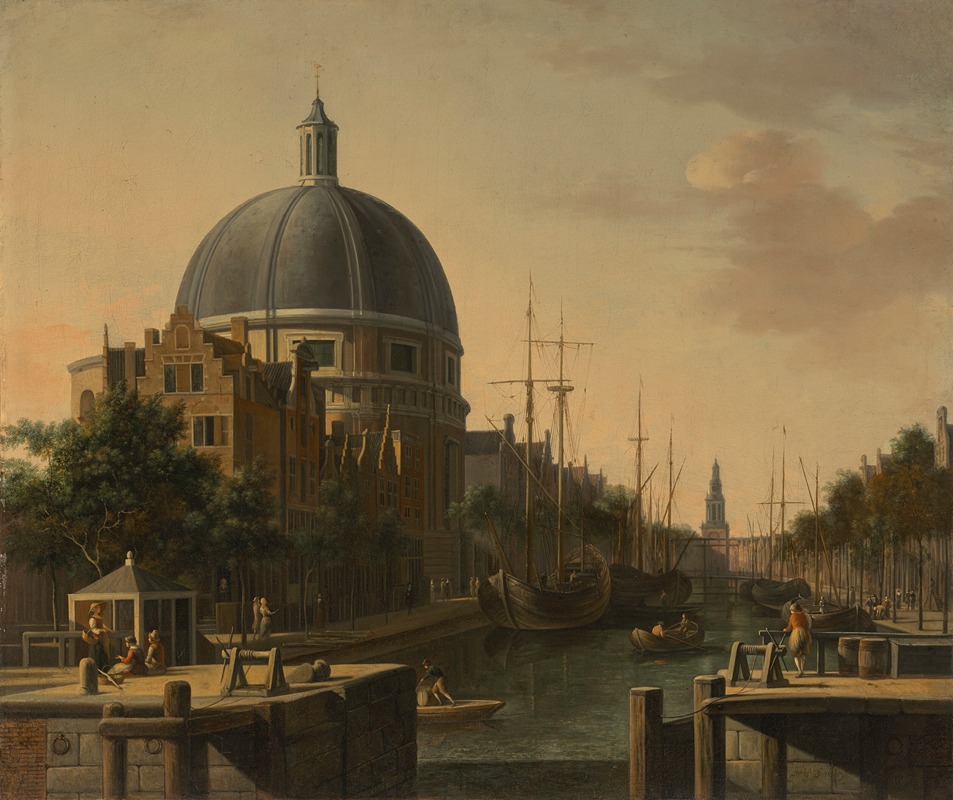 Gerrit Adriaensz. Berckheyde - Amsterdam, a view from the Haarlemersluis on the Singel with the Round Lutheran Church and the Jan Roodenpoortstoren in the distance