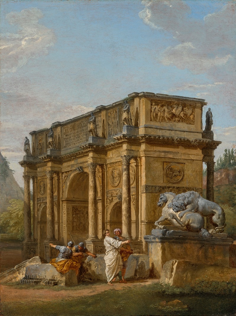 Giovanni Paolo Panini - A Capriccio with the Arch of Constantine and the Capitoline Lion Group