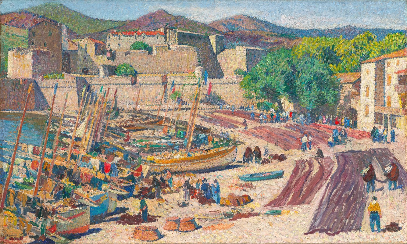 Henri Martin - Port de Collioure le 14 juillet, séchage des filets sur la grève