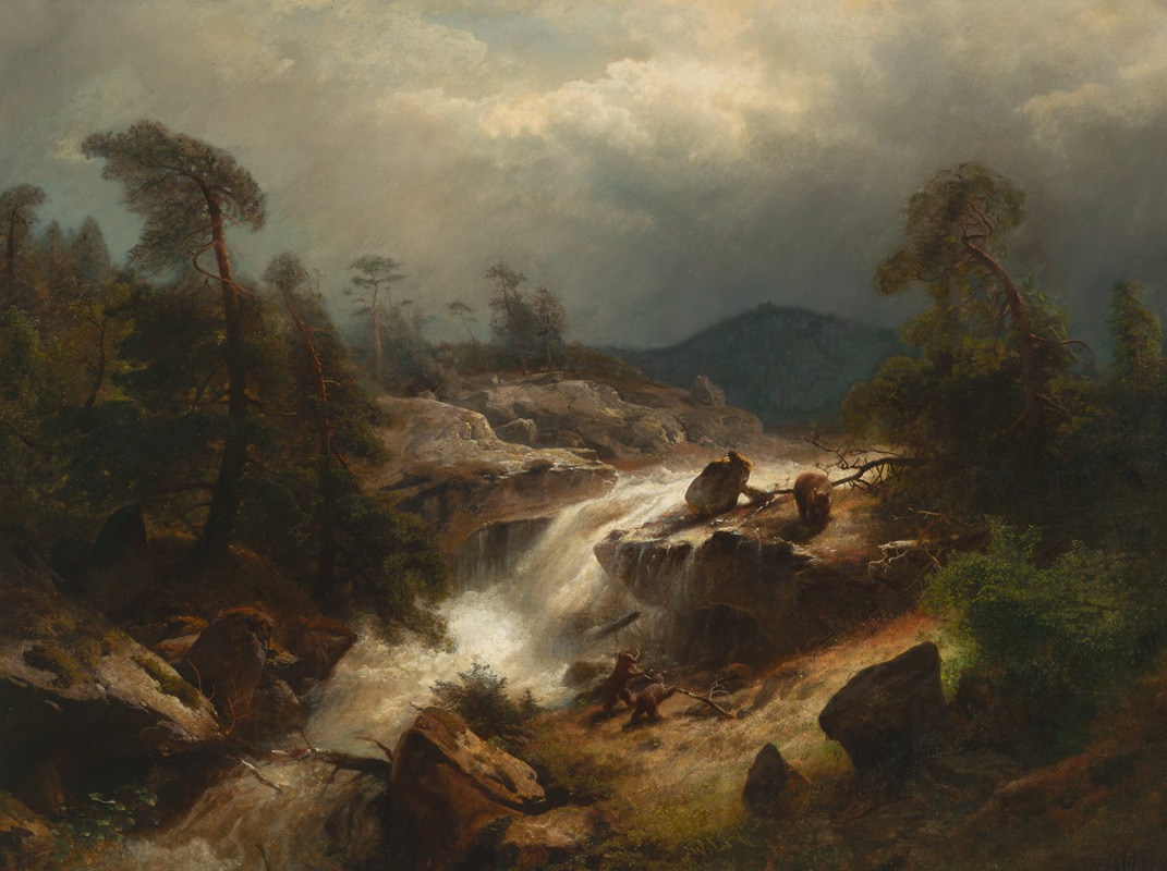 Hermann Herzog - Two Cubs and Their Mother by a Waterfall
