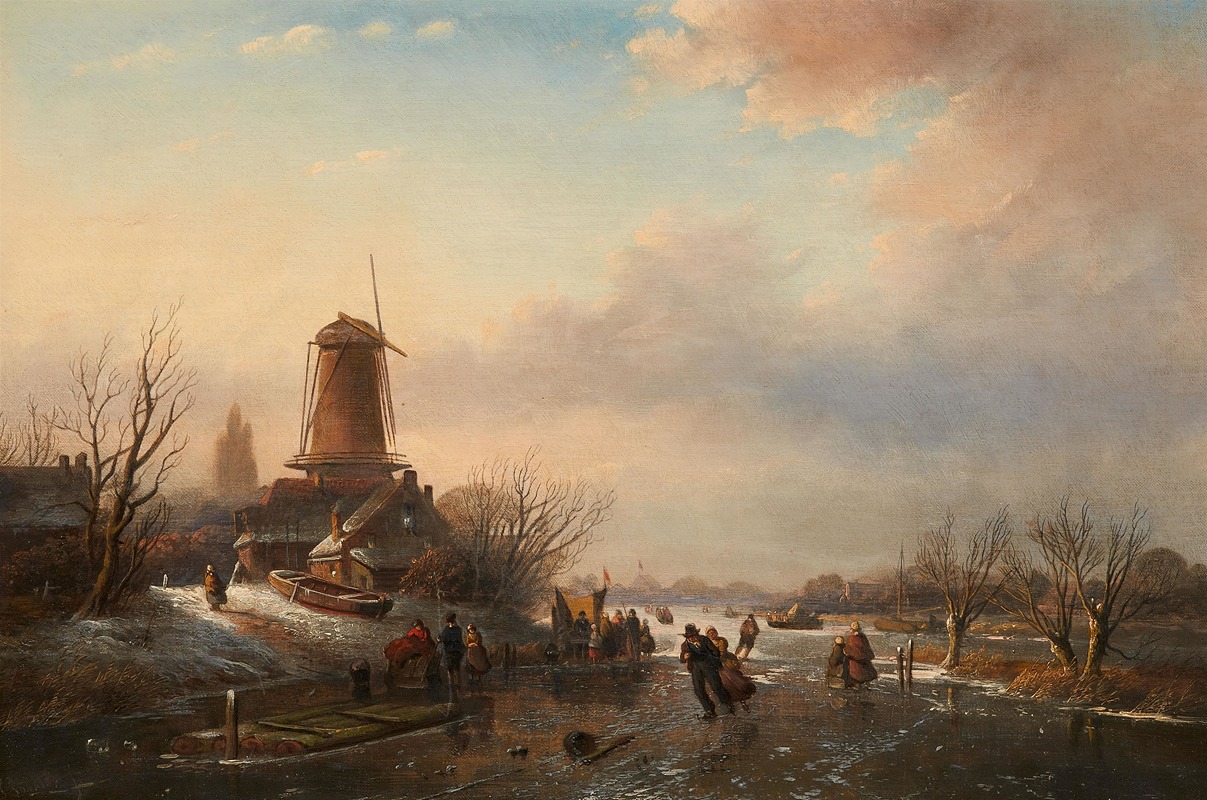 Jacob Jan Coenraad Spohler - Landschaft mit Windmühle und zugefrorenem Kanal
