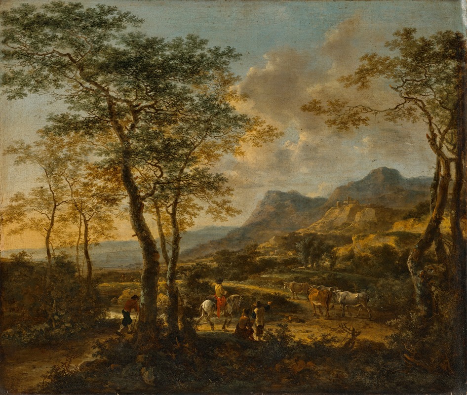 Jan Both - Extensive Italianate landscape with a traveler and drovers on a road, a farmhouse and a village beyond