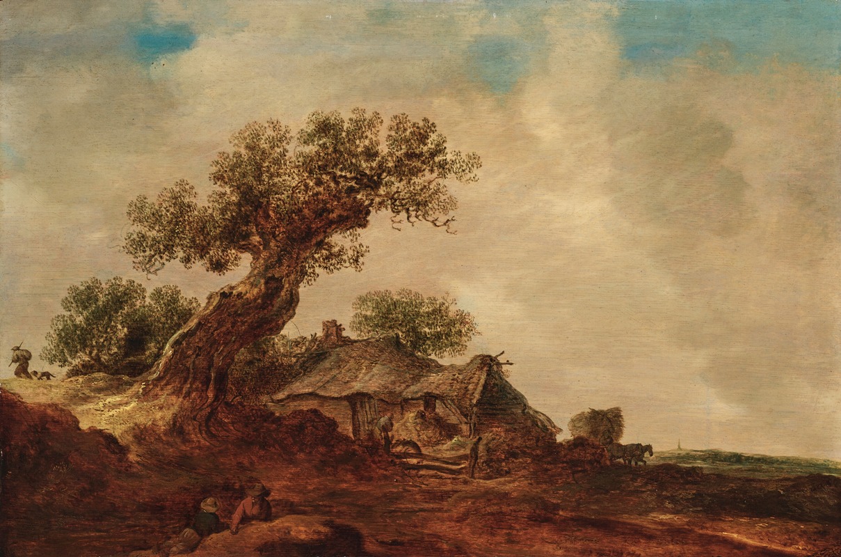 Jan van Goyen - Dune landscape with a thatched cottage next to an oak tree, a meadow in the background