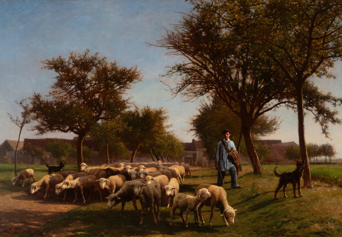 Jean Ferdinand Chaigneau - Shepherd with dogs tending his flock