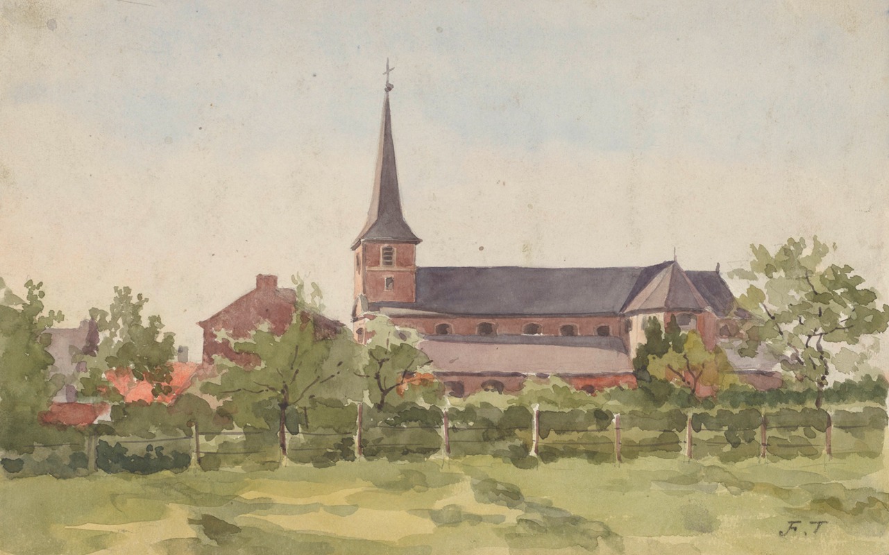 Jean-François Taelemans - Eglise de village vue sur son flanc droit derrière une haie clôturée, pré à l’avant-plan
