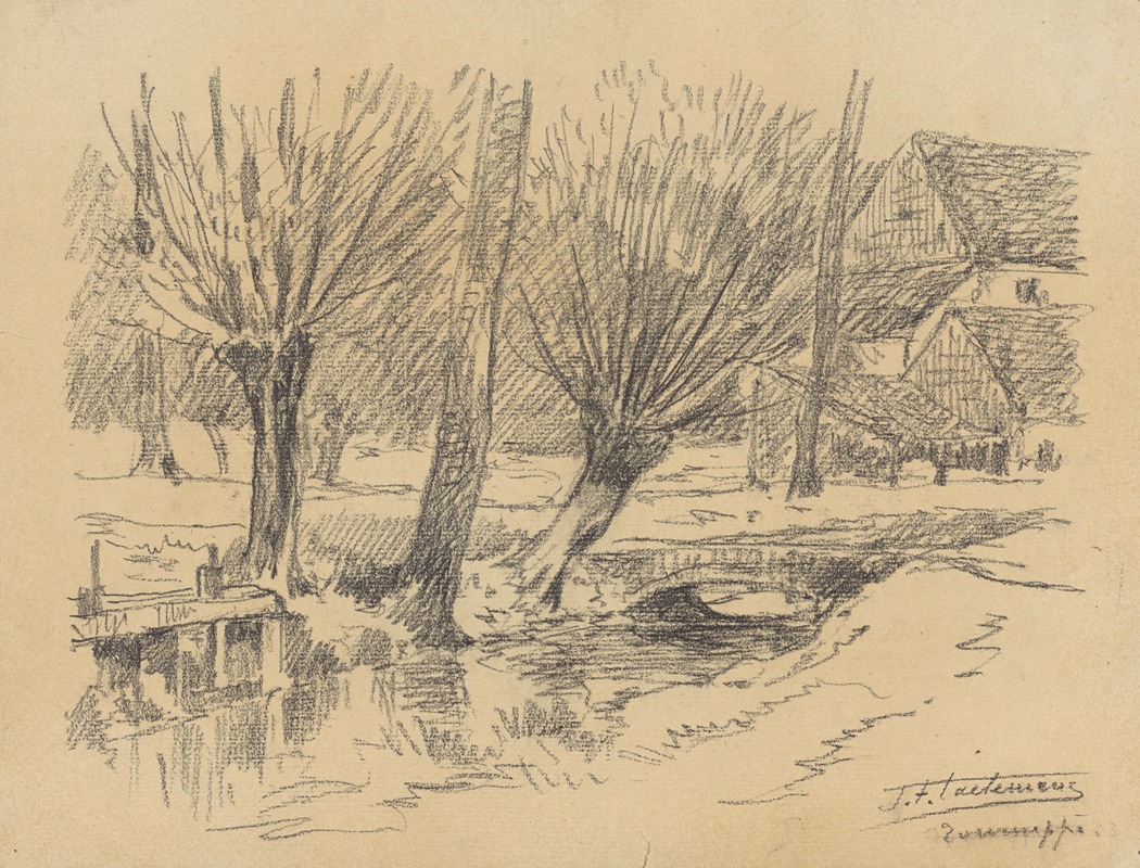 Jean-François Taelemans - Tourneppe (Dworp) – petit canal bordé de saules, avec écluse, petit pont et grande ferme à l’arrière-plan