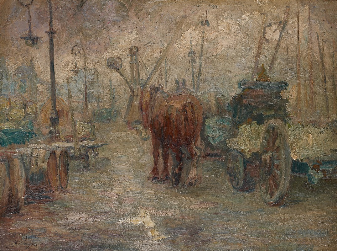Jozef Mous - Havengezicht met natiewagen, paarden en havenkraan