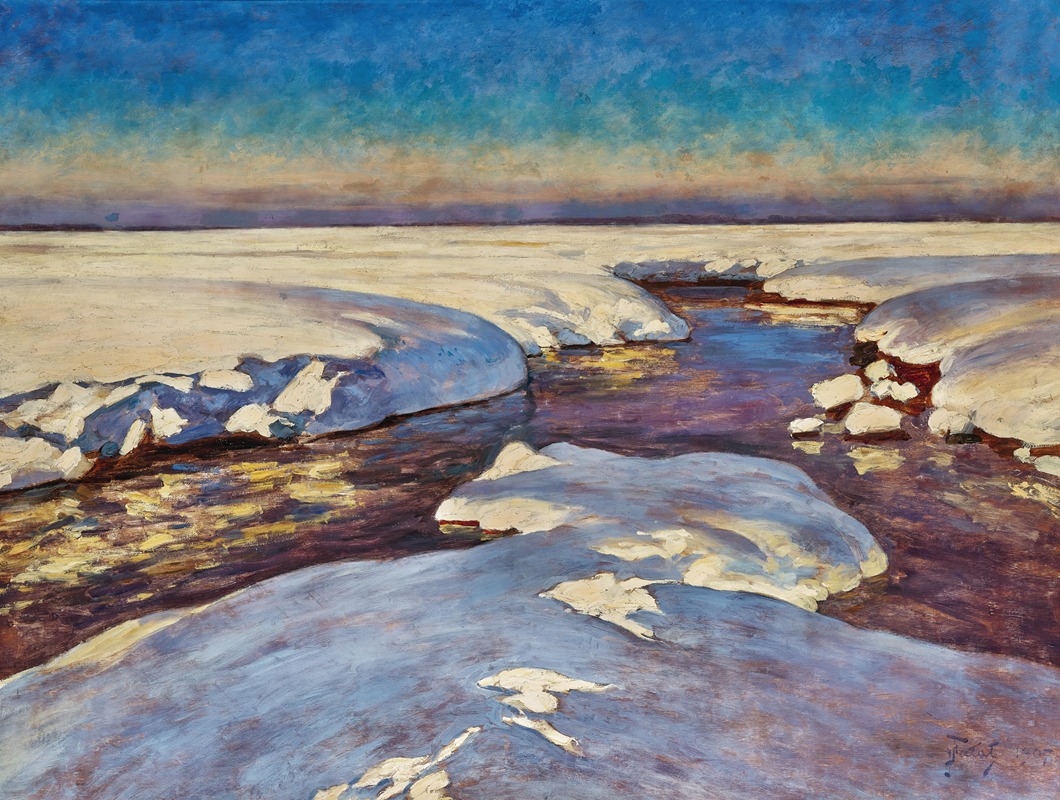 Julian Falat - Sunset Over a Snow-Covered Stream