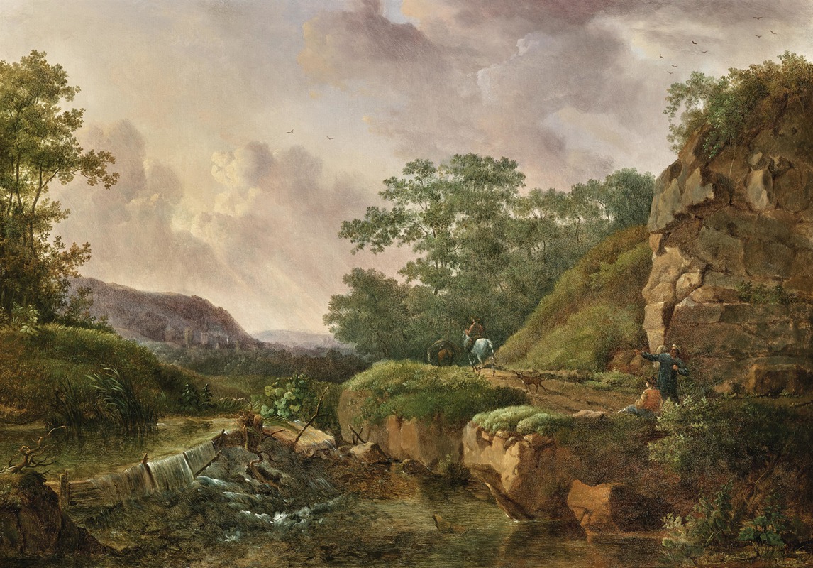 Julien Joseph Ducorron - A Mountain Landscape with Travellers